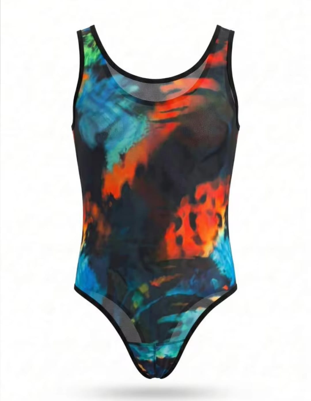 Men's Abstract Tie-Dye Sheer Mesh Sleeveless Tank Top Body Sculpting Bodysuit